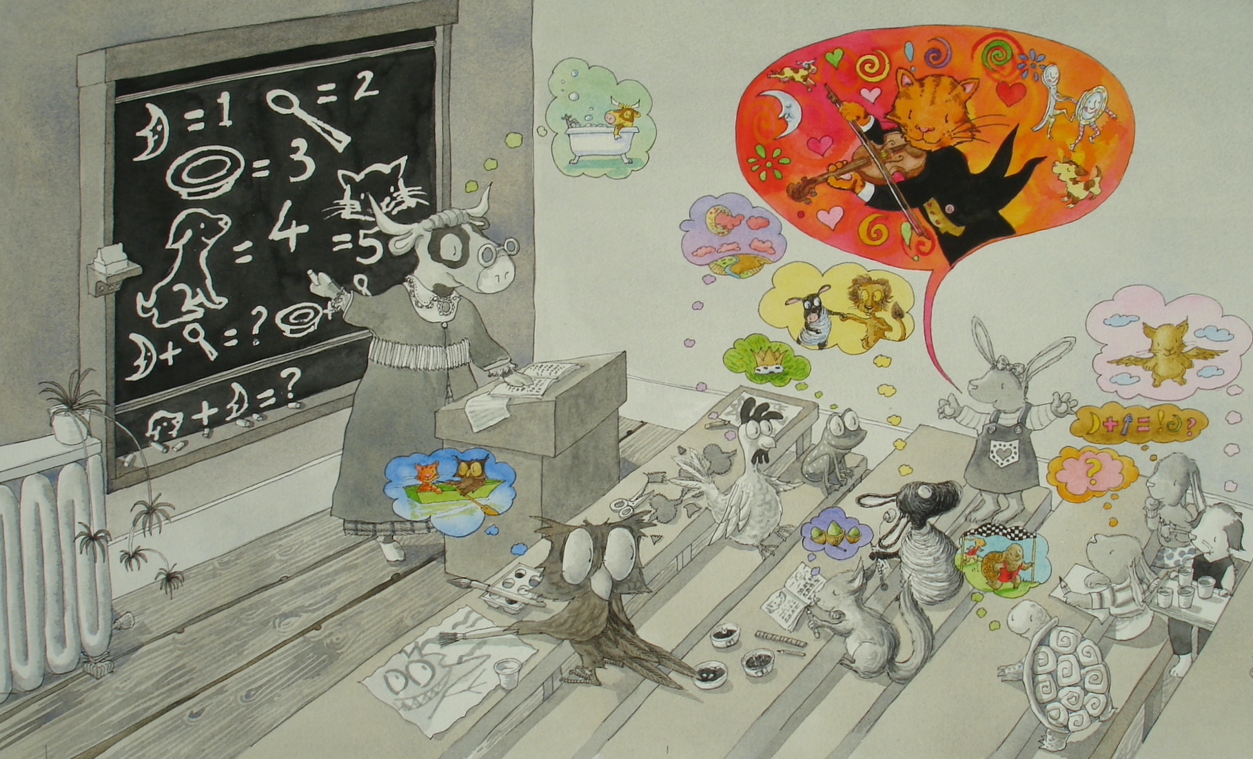 Illustration of animal classroom with dreams in speech bubbles