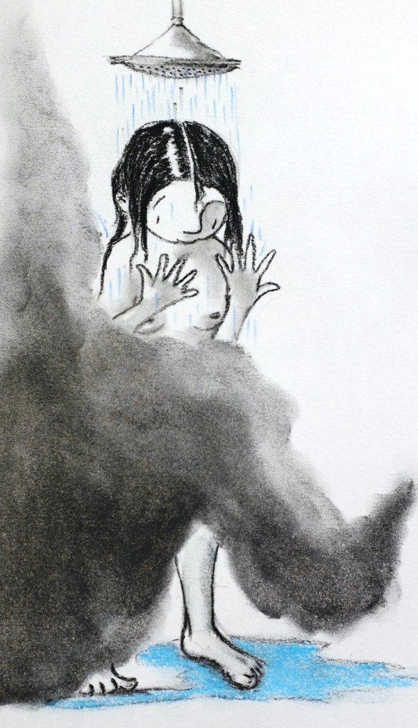Illustration from 'Night Shift' published by Bloomsbury. Showing the grey fog of depression reaching into every moment of life, even the morning shower.
