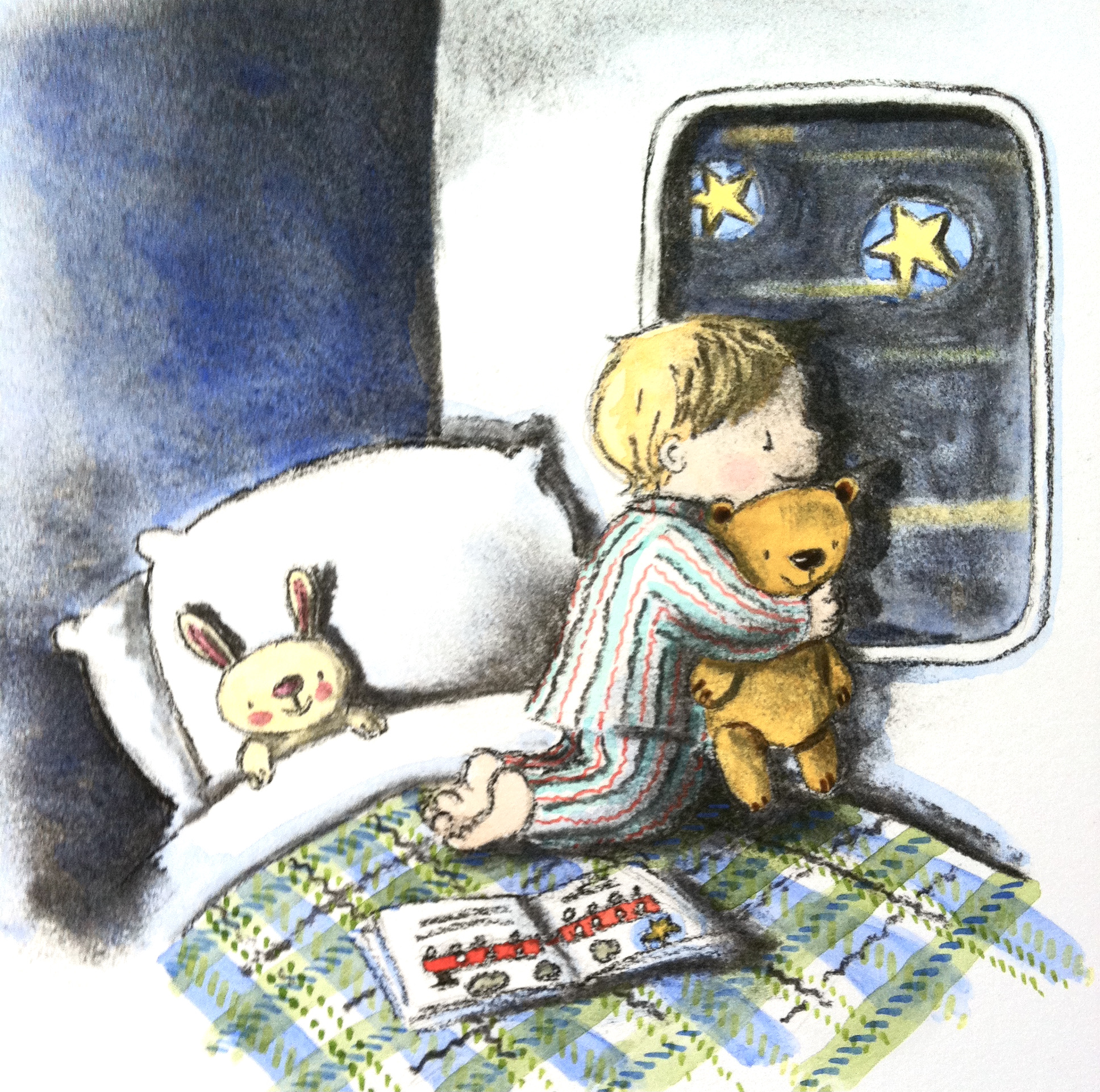 Bedtime illustration of child in pyjamas looking out window of sleeper train