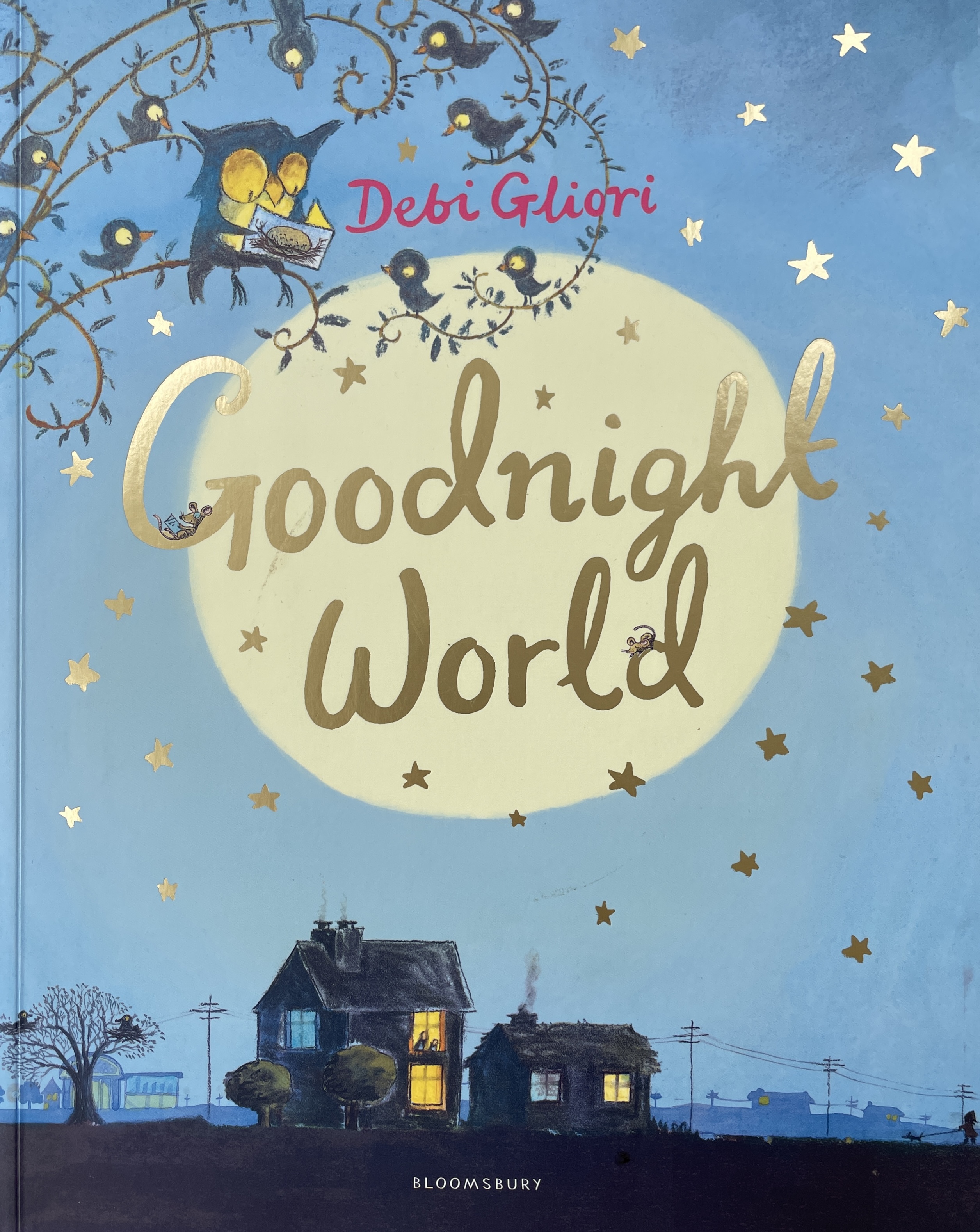 Book cover with golden stars, harvest moon and cosy houses at night