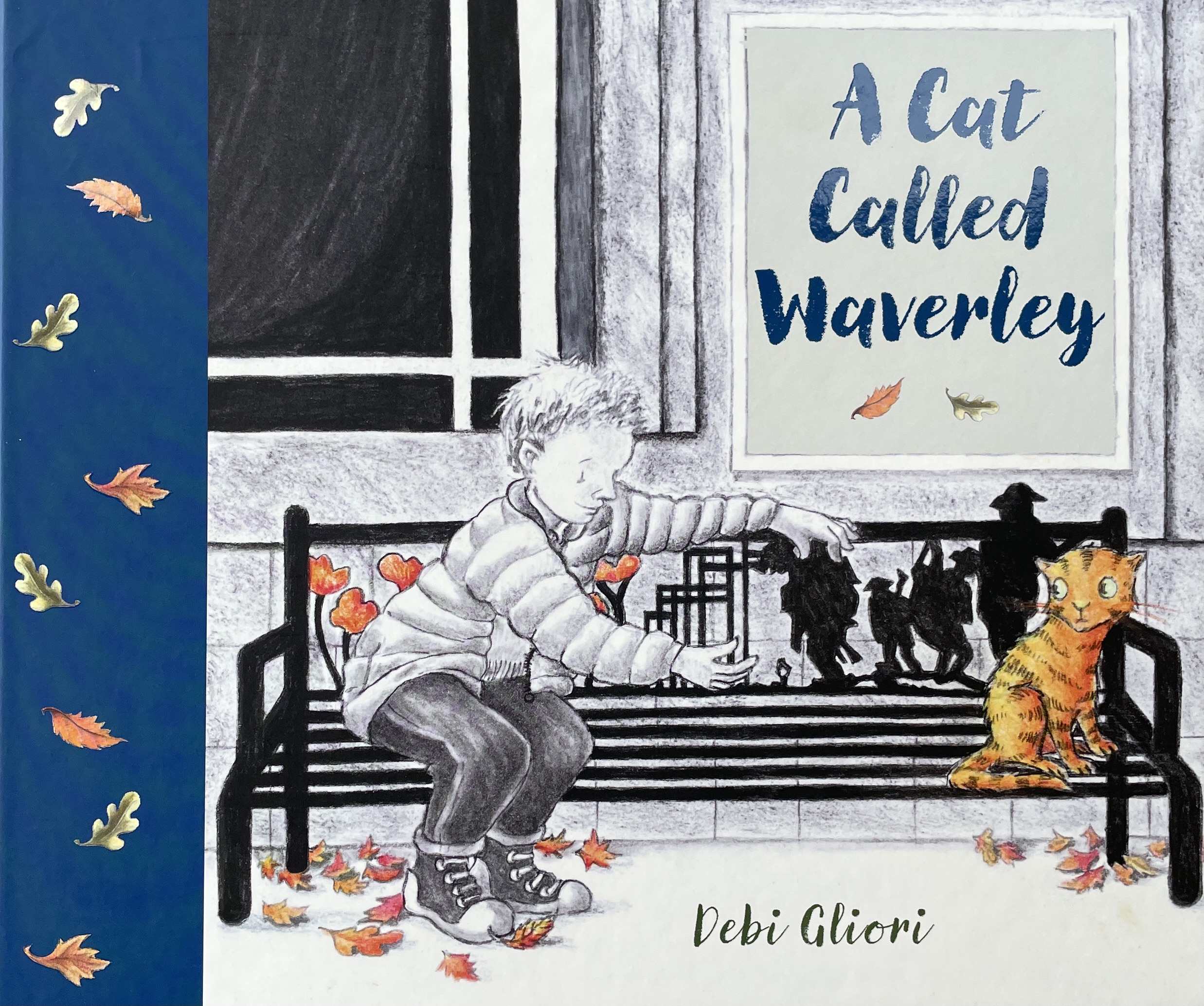 Book cover illustration depicting young man offering food to cat sitting on Edinburgh war memorial bench